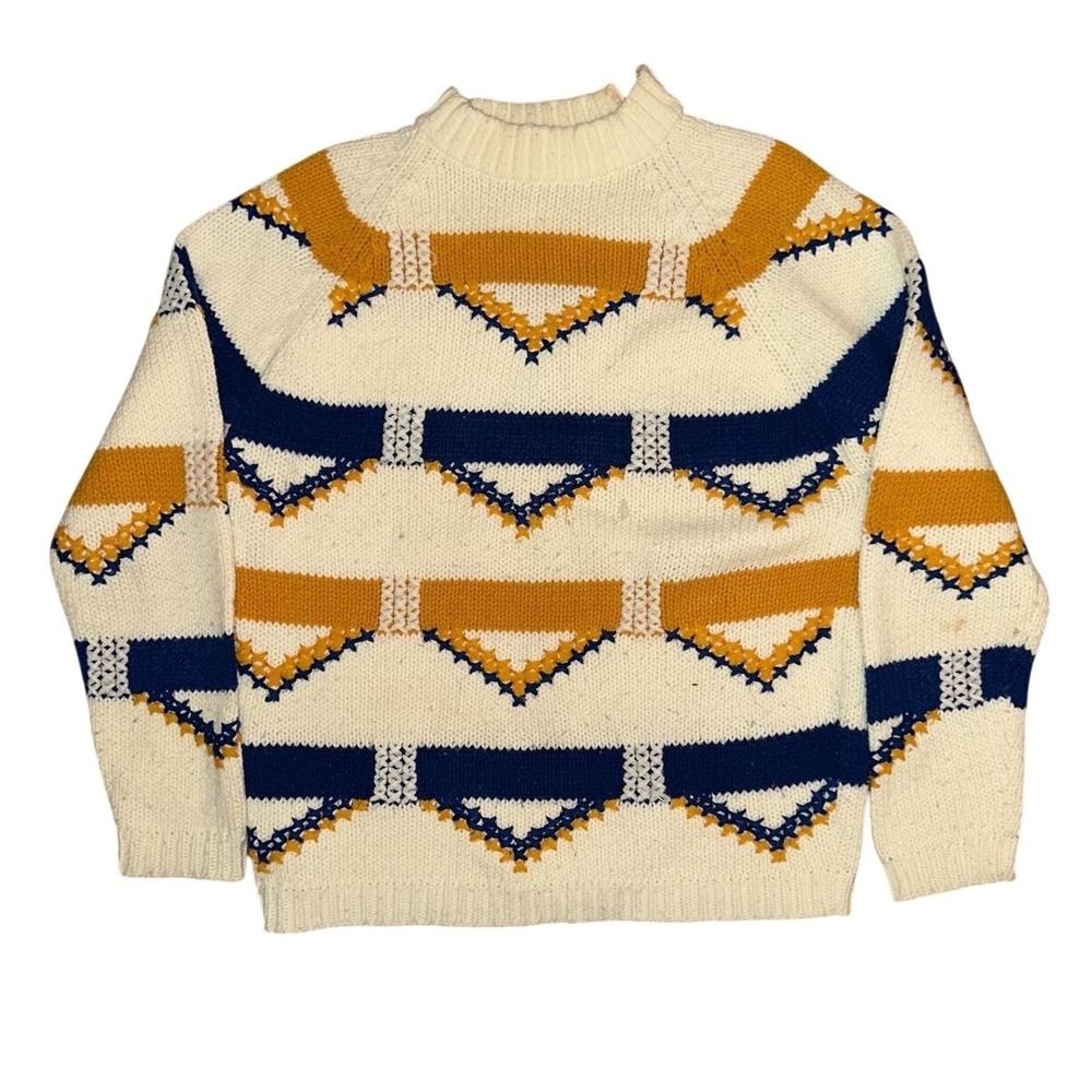 1960's VTG Kimlon RBK Importers Geometric Knit Sweater Mock Neck Cream Blue M